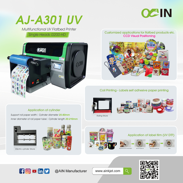 AINKJET AJ-A301 Multifunctional UV DTF Flatbed + Roll Crystal Label Printer